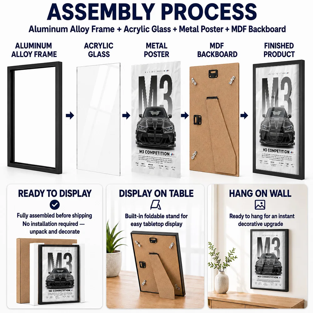 Black Car Germany M3 G80 Metal Poster With Aluminum Alloy Frame Customized Photo Modern Minimalist Style Wall Art For Workshop