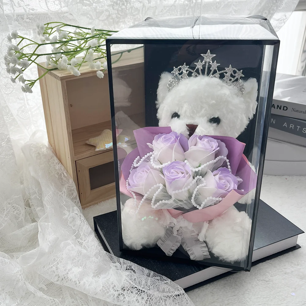 1pc Rose Flower Bouquet Bear Gifts Box Creative Artificial Soap Flowers Bouquet Wedding Birthday Christmas Gifts for Women Girls