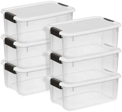 

Набор из 6 контейнеров Sterilite объемом 18 квартов с защелками – Прозрачные пластиковые органайзеры для шкафа, ванной комнаты, офиса – Прочные и штабелируемые