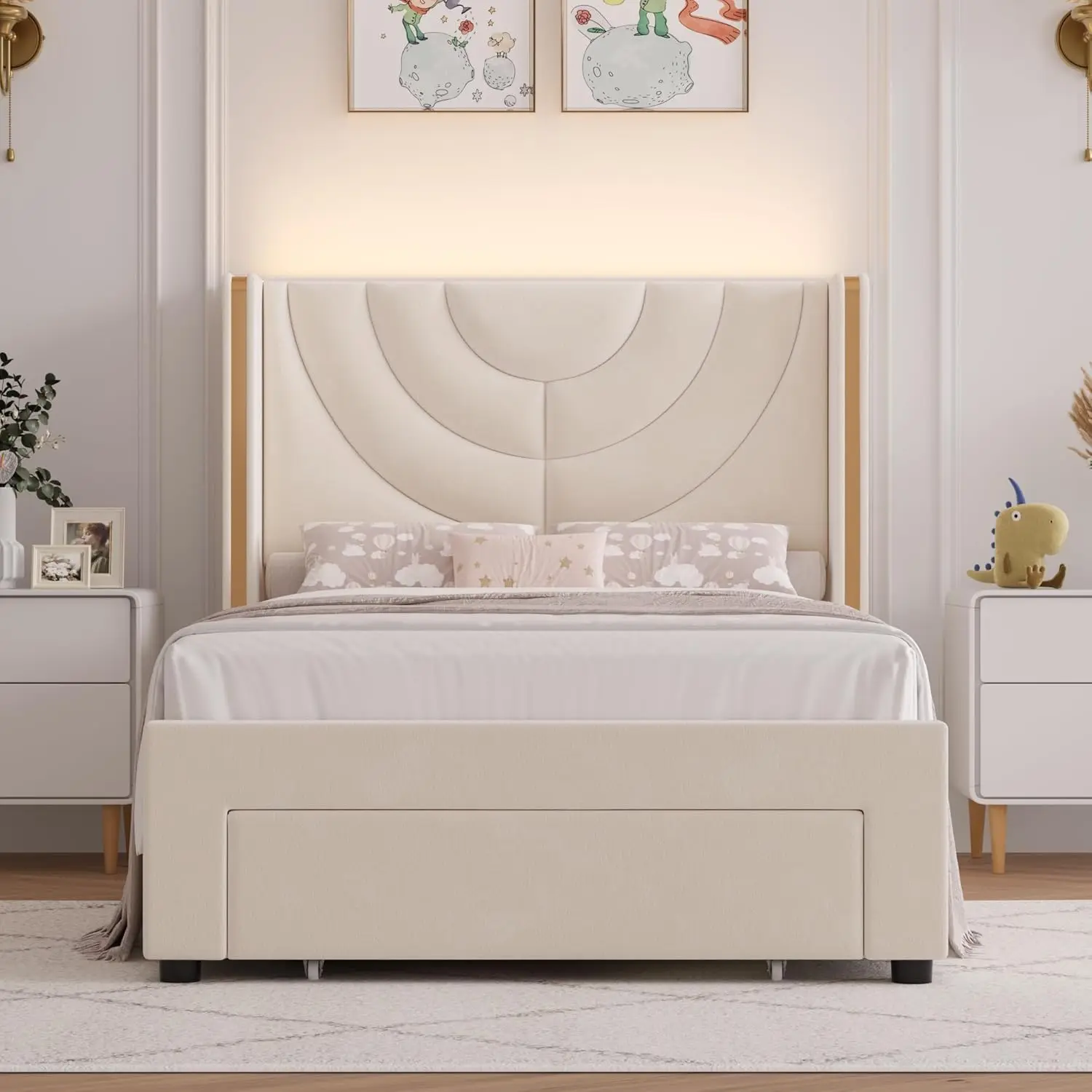 Twin gestoffeerd LED-bedframe met opberglade, fluwelen kinderbed met vleugelrughoofdeinde, Princess Twin-platformbed voor meisjes