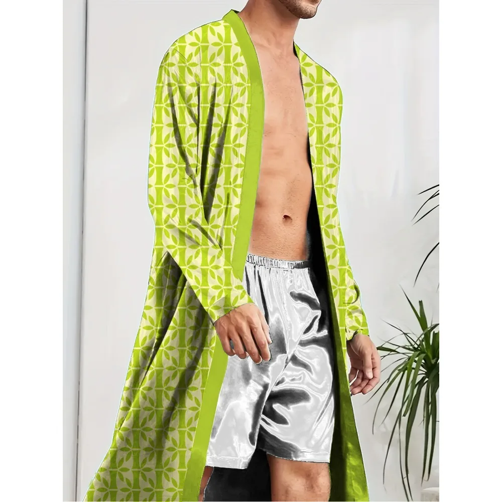 

Spring Autumn men's long robe with digital printed bamboo pattern, fun home casual long robe, trendy, comfortable quick drying.