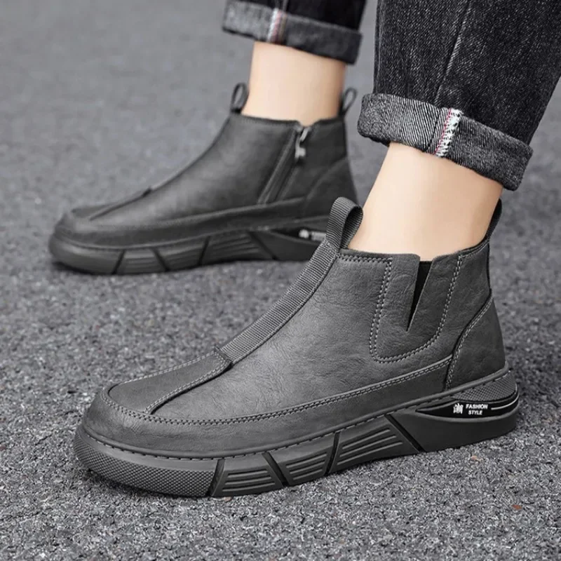 

Men Sneakers Leather Shoes High-top Boots Anti-slip Wear-resistant Waterproof Motorcycle Men Safety Boot Chelsea Bota Masculina