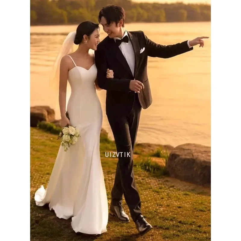 Simples coreano cetim vestido de casamento feminino branco querida cintas de espaguete sessão de fotos vestidos de baile sereia corda vestidos de noiva