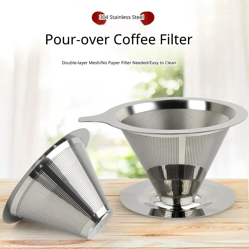 Stainless Steel Double Layer Coffee Filter Dripper 600/800 Mesh Fine Strainer With Heat Resistant Handle For Hand Drip Coffee
