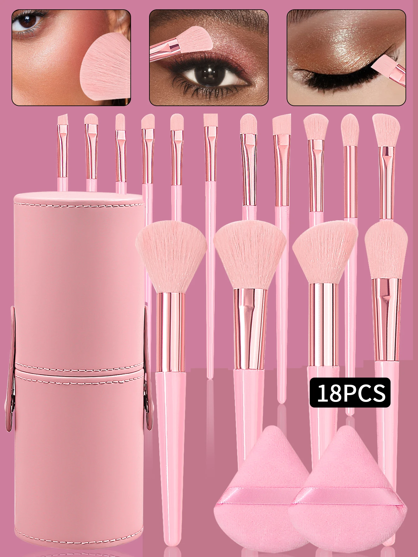 18本の桜パウダーメイクブラシセットには、メイクブラシ収納バケツとパウダーパフ2個が付属しています。