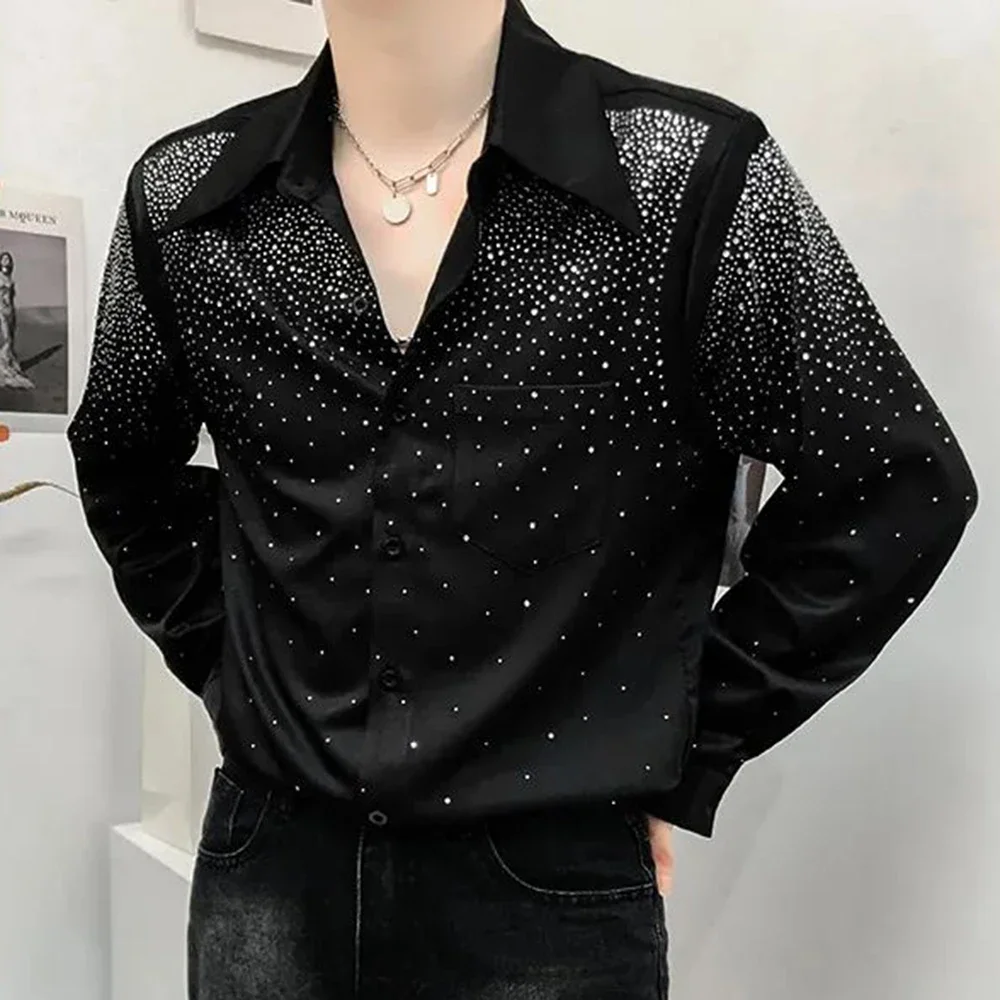 Camisa solta manga longa masculina com almofada de ombro de diamante, moda sem gênero, estilo preguiçoso, performance de boate sexy, outono