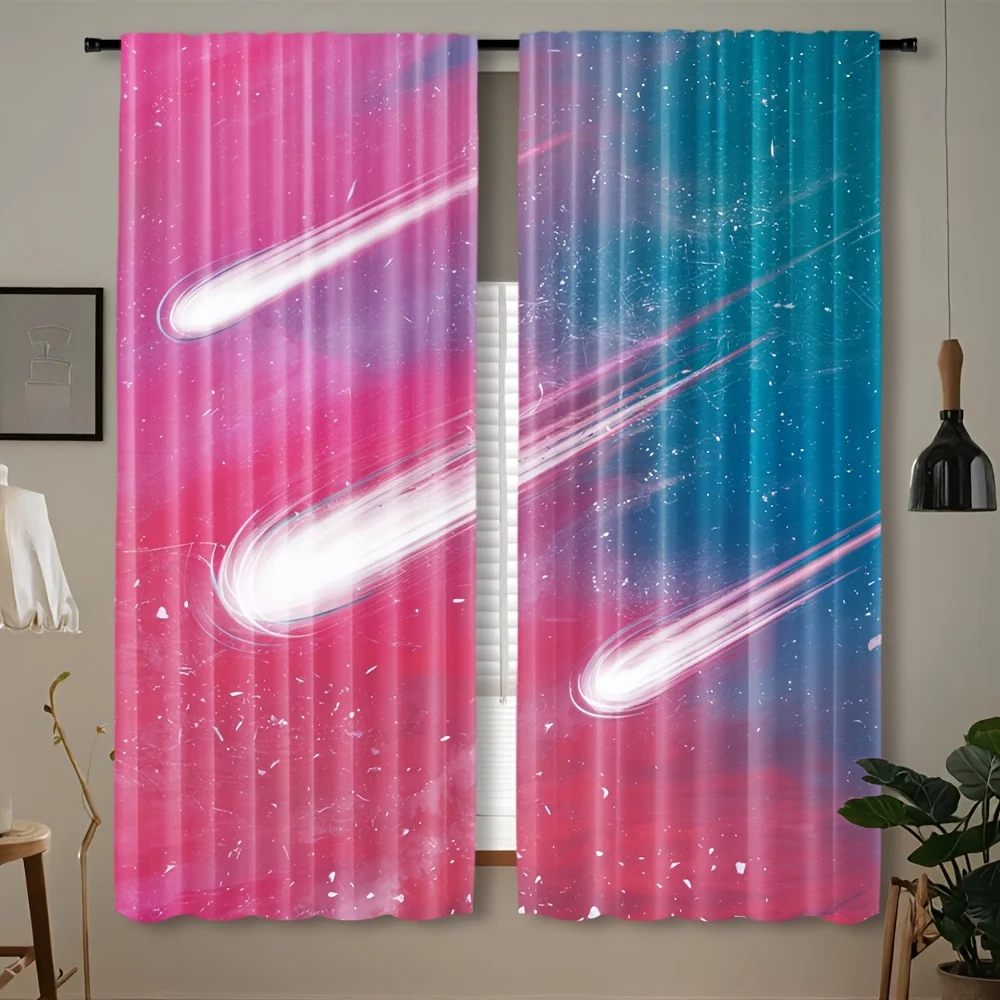 2pcs Whimsical Rainbow & Starry Sky Curtains - Rod Pocket Design, Pastel Shining Stars Art Print, Colorful Aesthetic Drapes for
