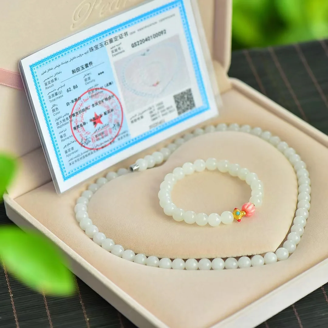 

Copper Enamel Passepartout Bracelet Hetian Jade 8mm Necklace Jewelry Set Decoration 9702A#，