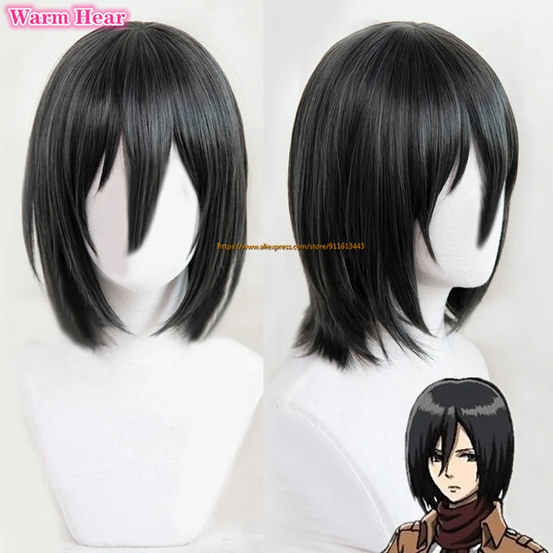 Mikasa Ackerman-Perruque Bob Cosplay Courte Noire, Anime Cos, Degré de Chaleur, Cheveux, Bonnet, 35cm