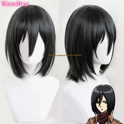 Mikasa Ackerman-Peluca de Cosplay de Bob corto, pelo de Cosplay resistente al calor, gorro de peluca, color negro, 35cm, Anime Cos