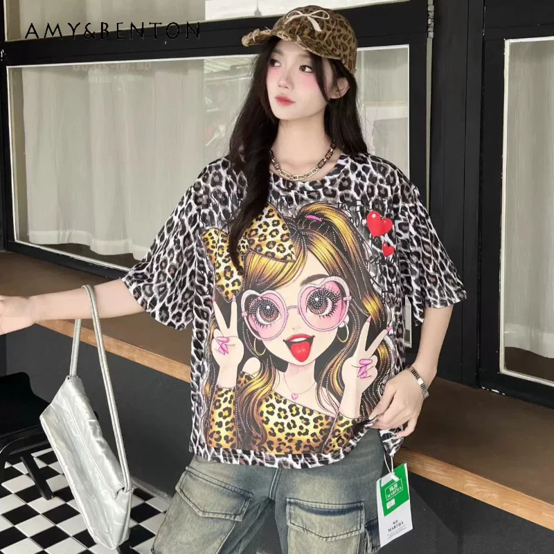 

2026 Summer New Fashion Leopard Print Cartoon Character Print Short Sleeves Tshirt Women's Loose Fit Crew Neck Top Tees Pullover