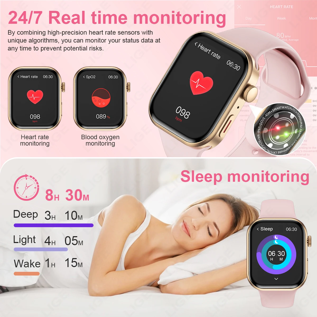 Reloj inteligente LIGE Ultra con 3 correas para hombres y mujeres, AMOLED, frecuencia cardíaca, llamada Bluetooth, deportes, Fitness, reloj inteligente resistente al agua para IOS y Android