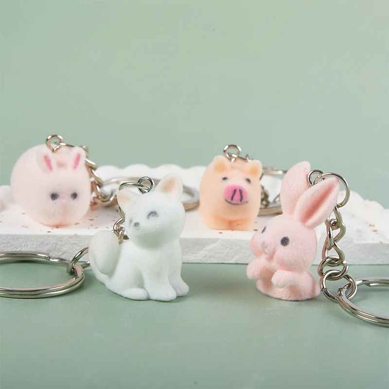 1PC 3D Cartoon Flocking Rabbit Keychain Rabbit Key Ring Animal Key Chains Souvenir Gifts For Women Men Car Keys DIY Jewelry