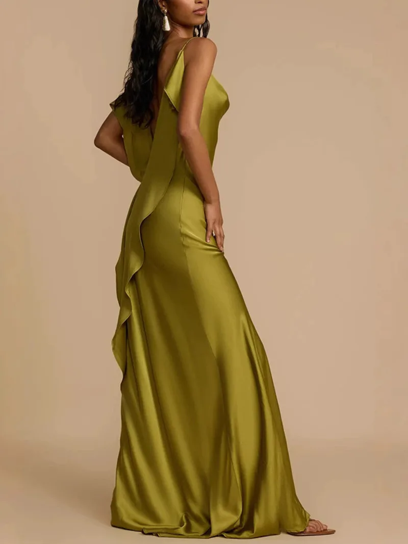 Elegant Green Satin Ruffles Sling Long Dress Women Sexy Backless Sleeveless Split Slim Dresses Lady 2025 Party Club Vestidos 1I8