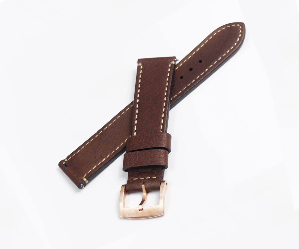 Cronos Leather Strap for Watch Flat Ends 20mm Bronze Tongue Buckle Stainless steel Brushed Buckle With Quick Release Spring Bars