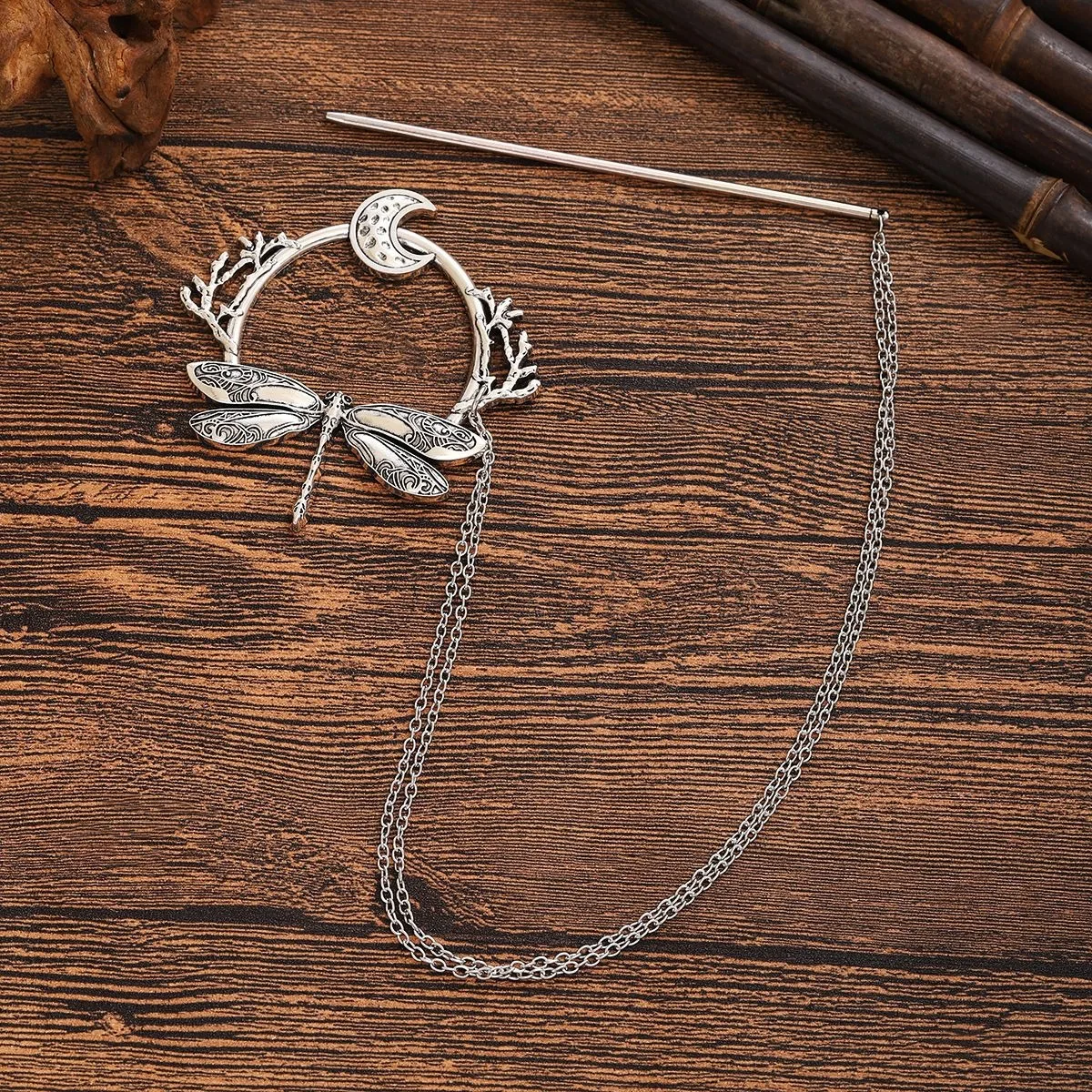 1 Stück Mode Vintage Silber Libelle Mond Natur inspiriert Witchy Boho Design perfekt für Gothic Bohemian Folk Style Frisuren – Detail 4