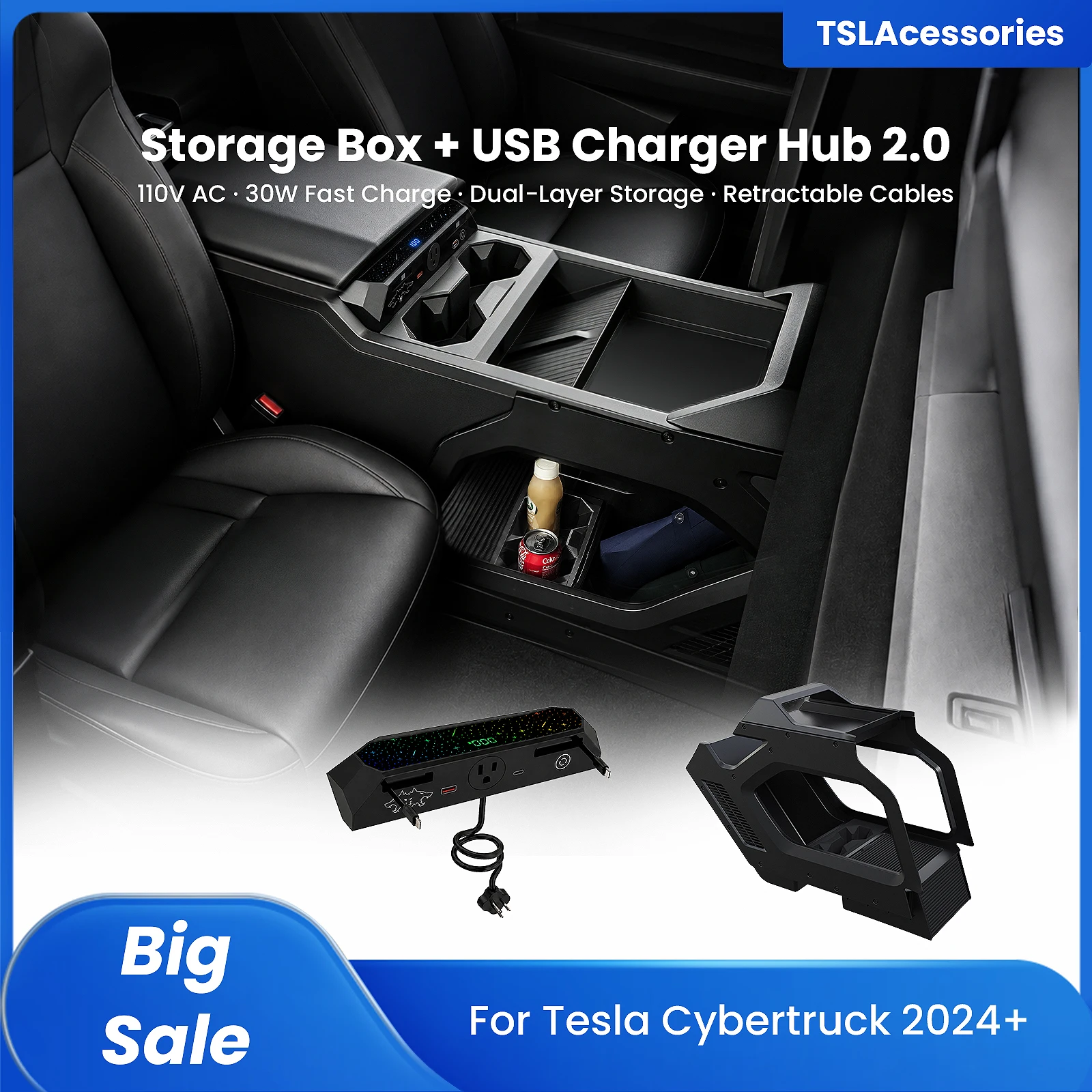 2Pcs Center Console Storage Box & USB Charger Hub 2.0 for Tesla Cybertruck 2024-2026, 110V Ac, 30W Fast Charging, Retractable Ca