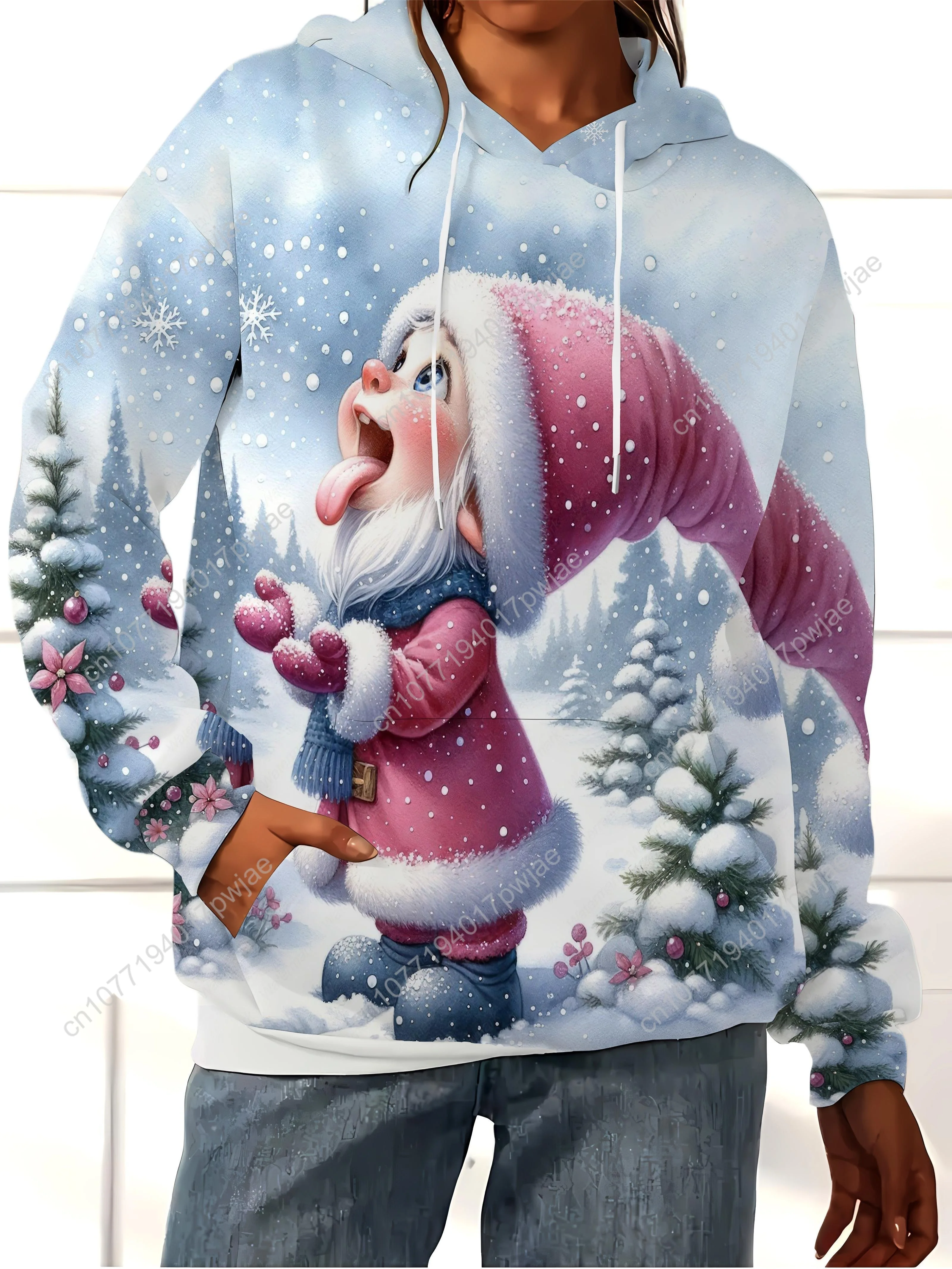 

Женская рождественская толстовка с принтом гнома, повседневный пуловер с карманом-кенгуру, эластичная трикотажная ткань средней длины, всесезонный длинный рукав