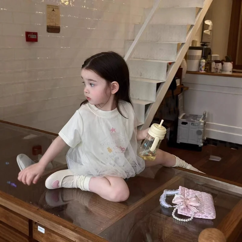 

Children's Round Neck Base Shirt 2025 New Summer Mesh Stylish Cartoon Top for Girls