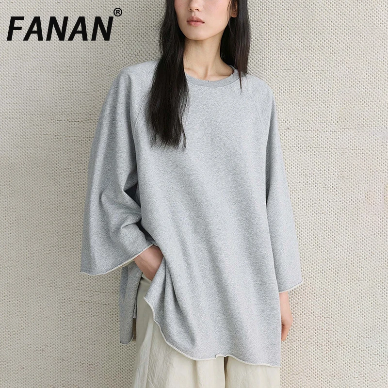 

Женская свободная футболка FANAN в корейском стиле, серая, с круглым вырезом, рукавом три четверти, минималистичный дизайн, весна 2026, новинка