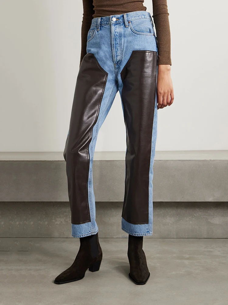 

Deconstructed leather spliced high-waisted jeans y2k fashion versatile washed and worn straight Women's pants 2024 summer new