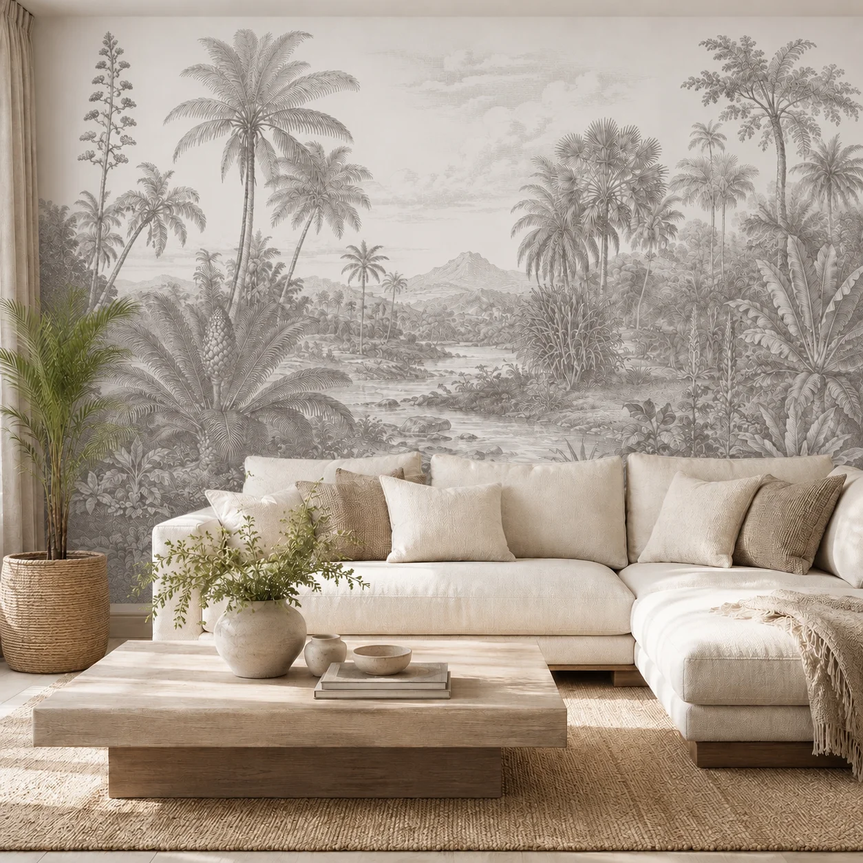 Vintage Tropical Jungle Wall Mural Wallpaper, Neutral Palm Tree Landscape for Living Room Bedroom, Non-Self-Adhesive