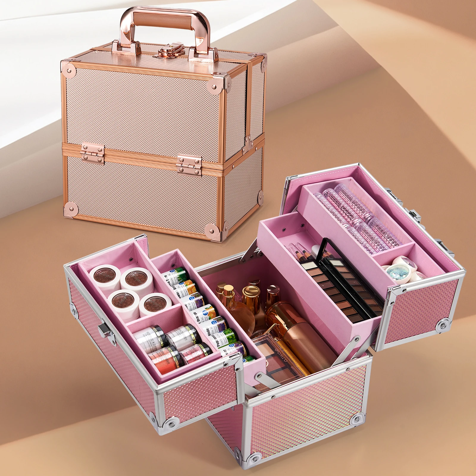 

Чехол-органайзер для косметики, чехол для макияжа, портативный дорожный ящик для хранения, 4 противня с разделителями, запираемый чехол для туалетных принадлежностей для макияжа