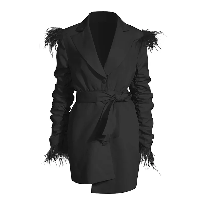 Traje de plumas rosas para mujer, Chaqueta larga con cinturón, ropa Formal de trabajo de negocios para mujer, abrigo de moda para niña, vestido de graduación, 1 pieza