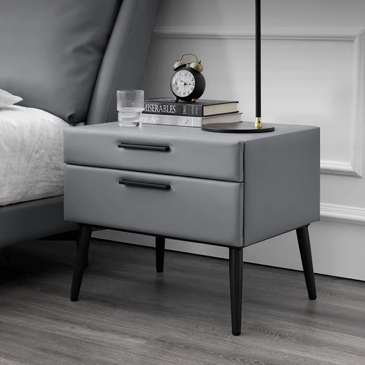 

Italy Minimalism Style Bedroom Furniture Side Table Grey Leather Fabric Modern Night Tables