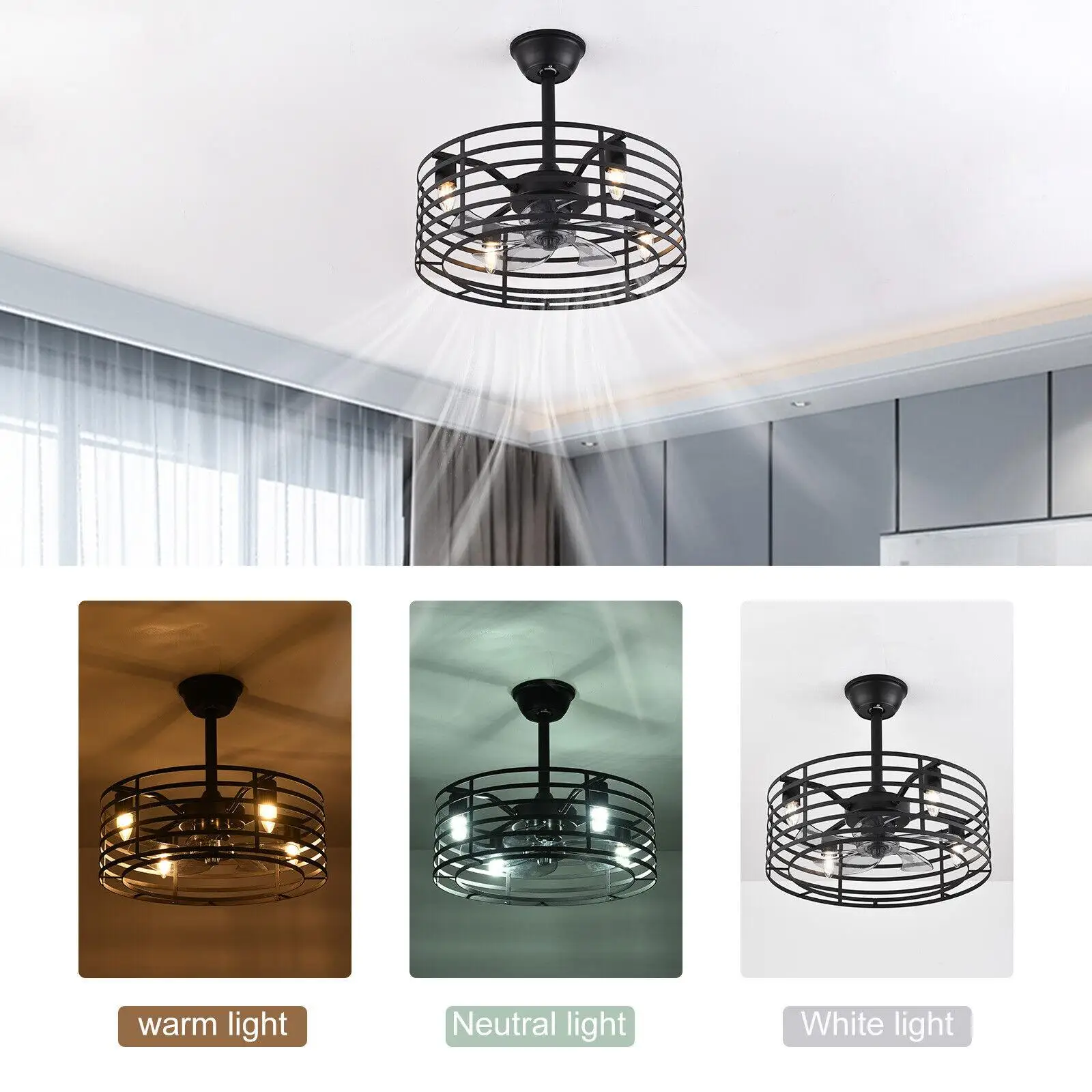 

Ceiling Fan with Lights Remote Control,20Inch Caged Industrial Ceiling Fan,Iron Ceiling Chandelier Fan Industrial Light