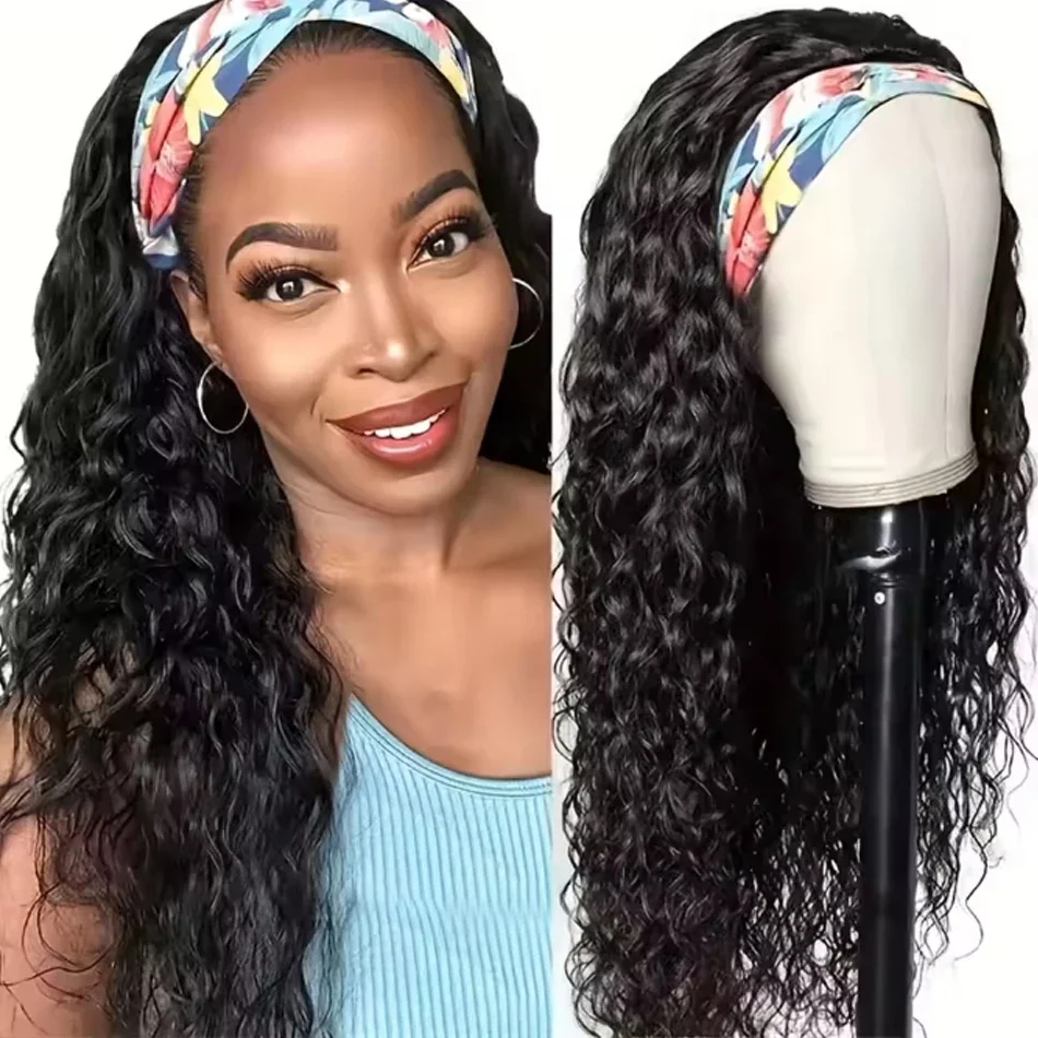Black Deep Wave Ice Silk Headband Wig Wear And Go Straight Virgin Human Hair Band Wigs Beginner Friendly Body Wave Hairband Wigs Curly Half Wig