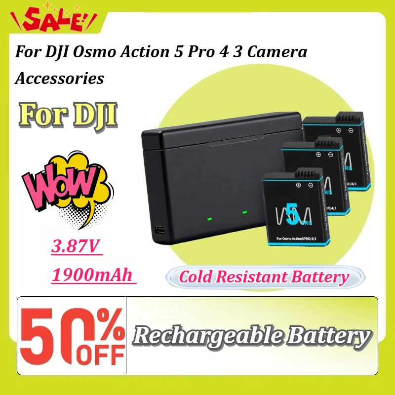 1900mAh 3.87V Rechargeable Li-ion Battery + 3-Slot Charger Box for DJI Osmo Action 5 Pro 4 3 Camera Accessories