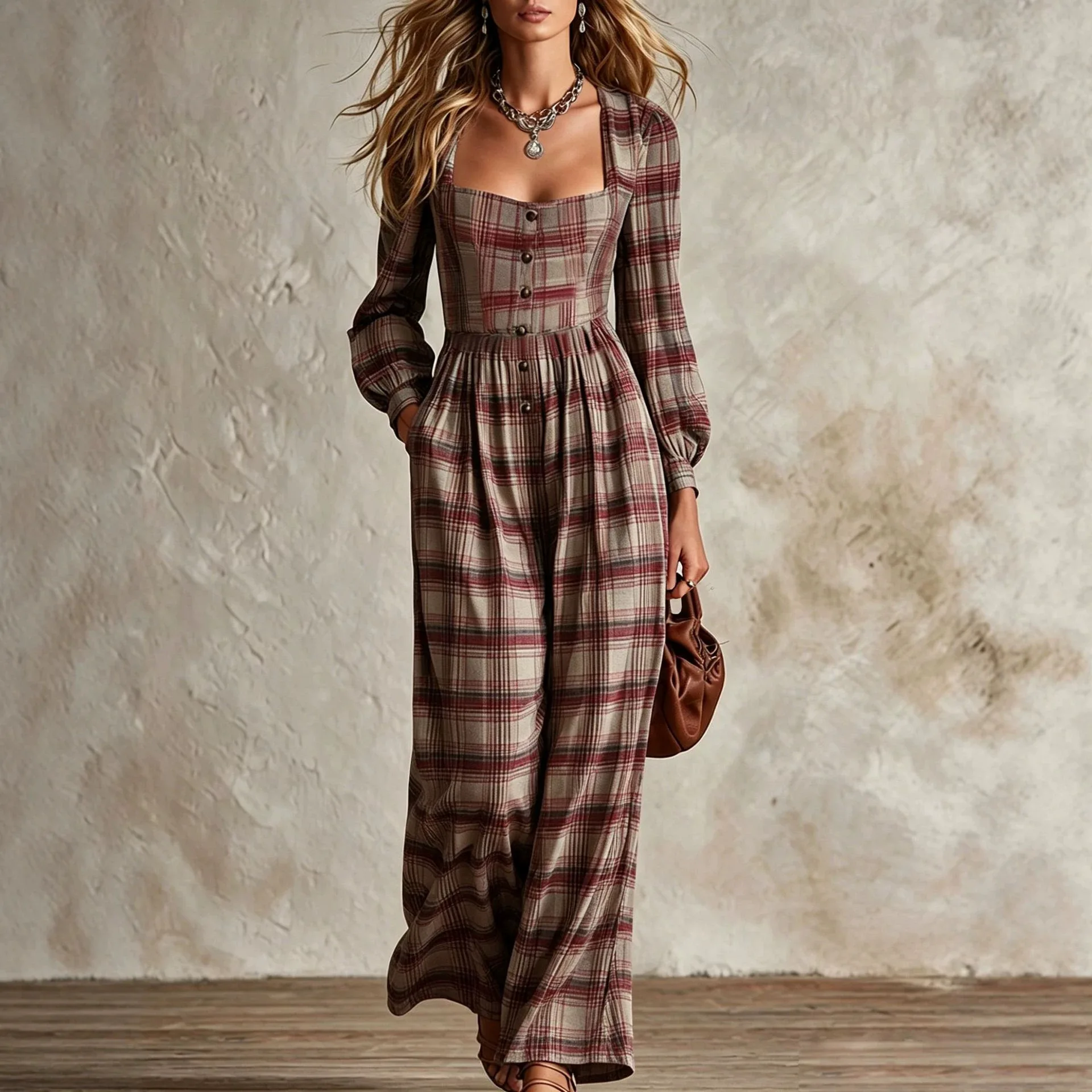 Women's Fashion Square Neck Retro Plaid Long Sleeve Jumpsuit 2026Autumn New Waist Single Breasted Pocket Wide Leg Female Rompers