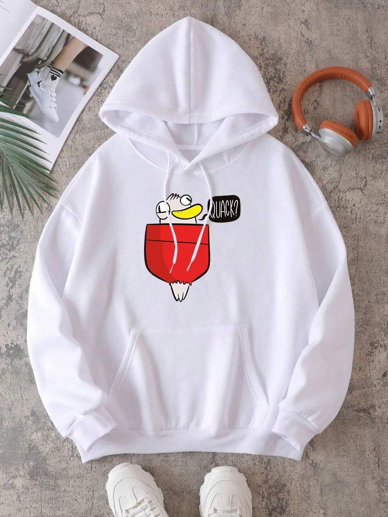 Duck Hoodies Womens Casual Cartoons Printing Sweatshirts Pocket Loose Fleece Warm Pullover Winter Comfortable Womans Clothes