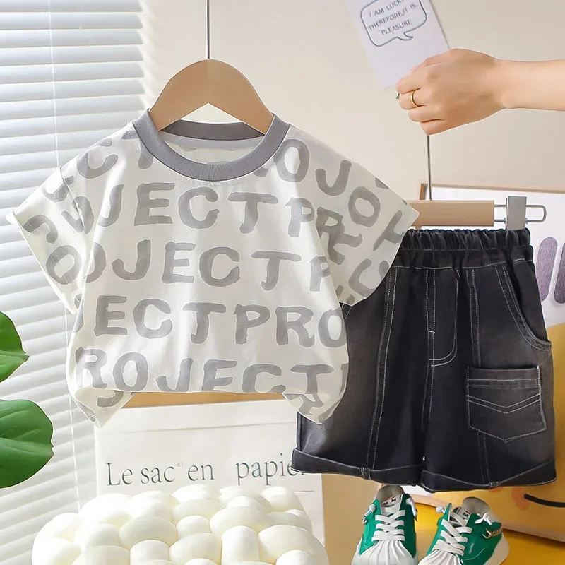 

Summer Toddler Boy Outfits Korean Fashion Letter Print Short Sleeve Baby Tops+Black Denim Shorts Boutique Kids Clothing Set B086