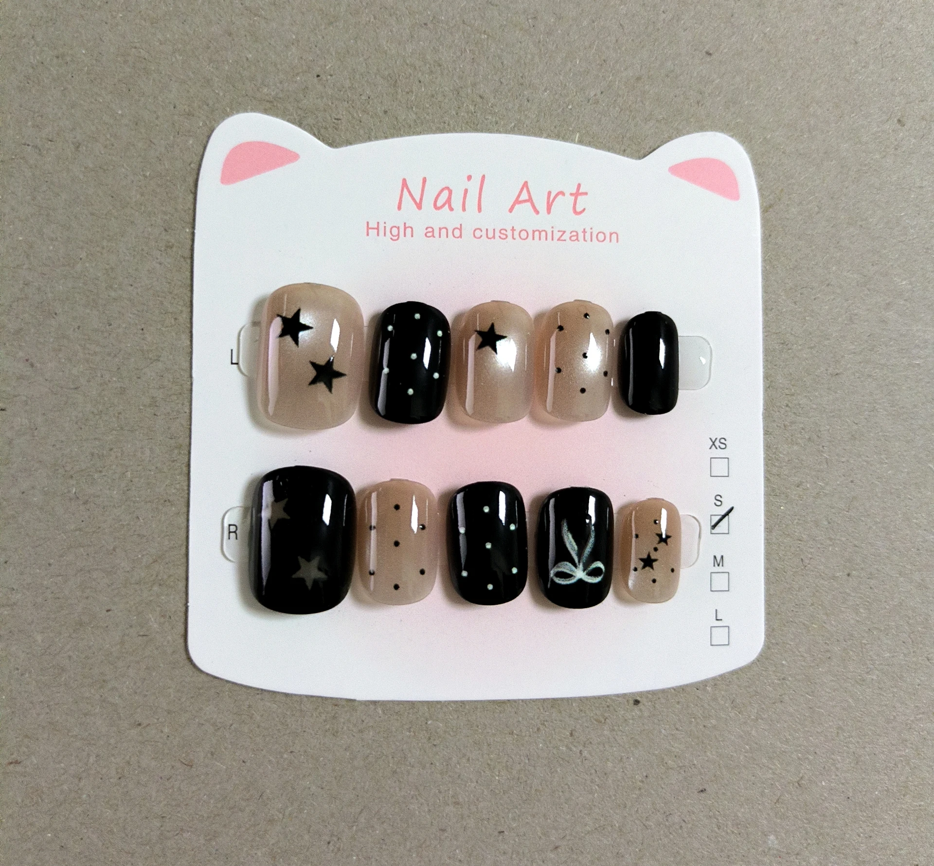 10pcs Handmade Press On Nails Black Bow Star Short Oval Fake Nails Cat Eye Cute Girl Reusable Korean Y2k False Nail Tips
