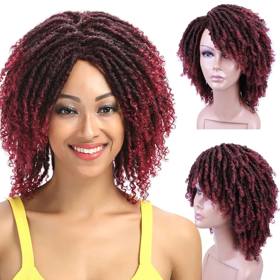 Ombre Braided Dreadlock Wig Synthetic Wig Black Brown BUG African Faux Locs Crochet Twist Hair Short Wigs Braided Wigs For Women