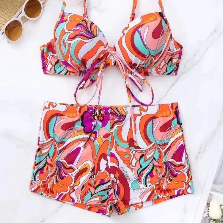 Maiô feminino 2025 nova impressão de cintura alta tankini duas peças biquíni sexy com decote em v suspender maiô rendas até verão banho