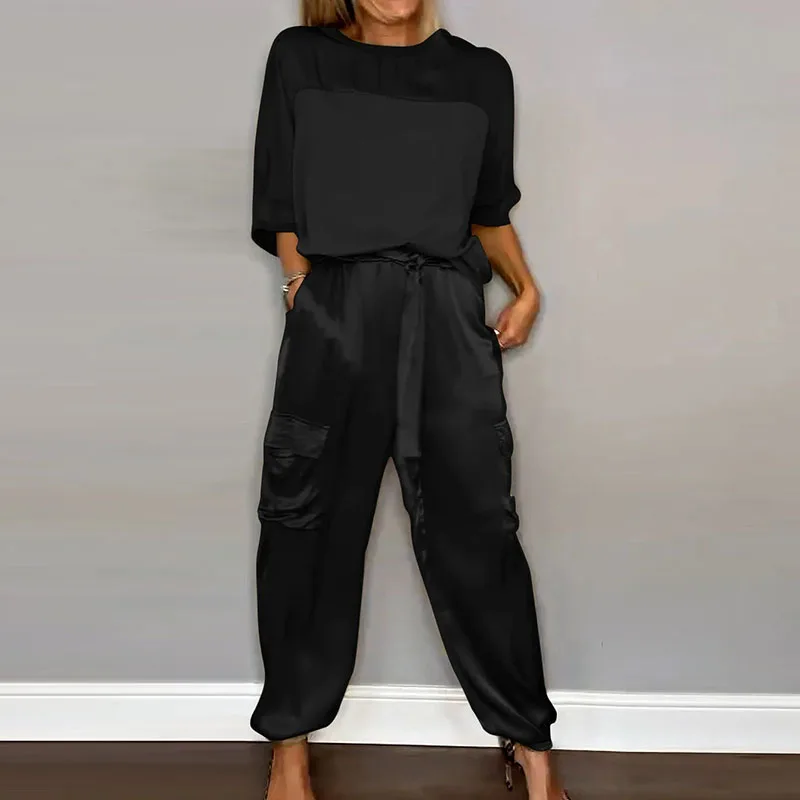 

2024 Spring Summer Smooth Satin 2pcs Sets Women O Neck Half Sleeve Top & Tie-up Pants Outfits Casual Patchwork Loose Female Suit