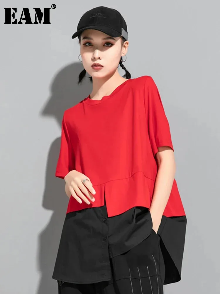 [EAM] Women Red Color-block Irregular Big Size T-shirt New Round Neck Short Sleeve Fashion Tide Spring Summer  2025 1DF5310