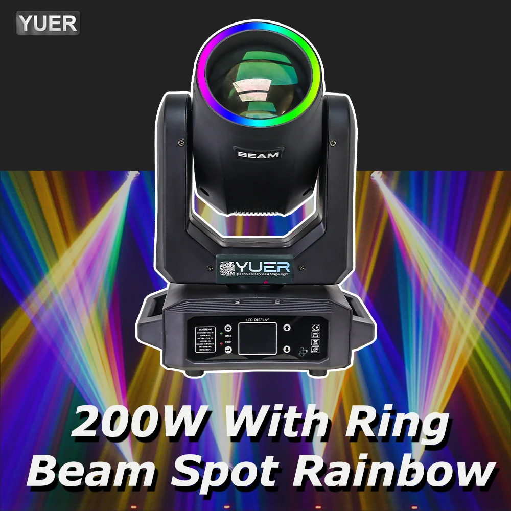 200W LED With Ring Beam Spot Moving Head Light With 18 Rotating Prism Rainbow Effect DMX512 Disco Party CLub Stage Effect Lights