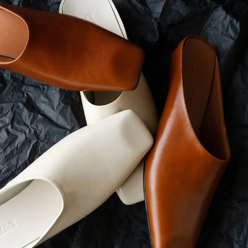 

MKKHOU Fashion Women's Shoes New High Quality Genuine Leather Shoes Square Head Slippers Mules Shoes Daily Lightweight Shoes