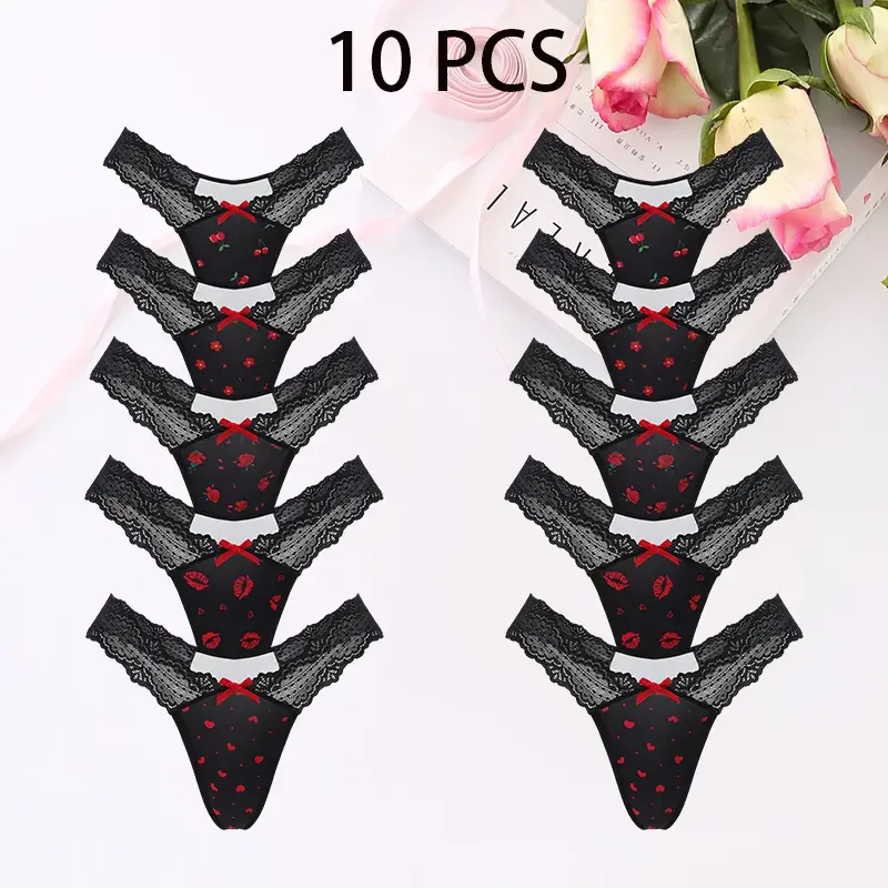 

10 шт./упак., сексуальные кружевные женские стринги с бантом и принтом, нижнее белье, разноцветные элегантные женские стринги, сексуальное женское белье, удобные трусики