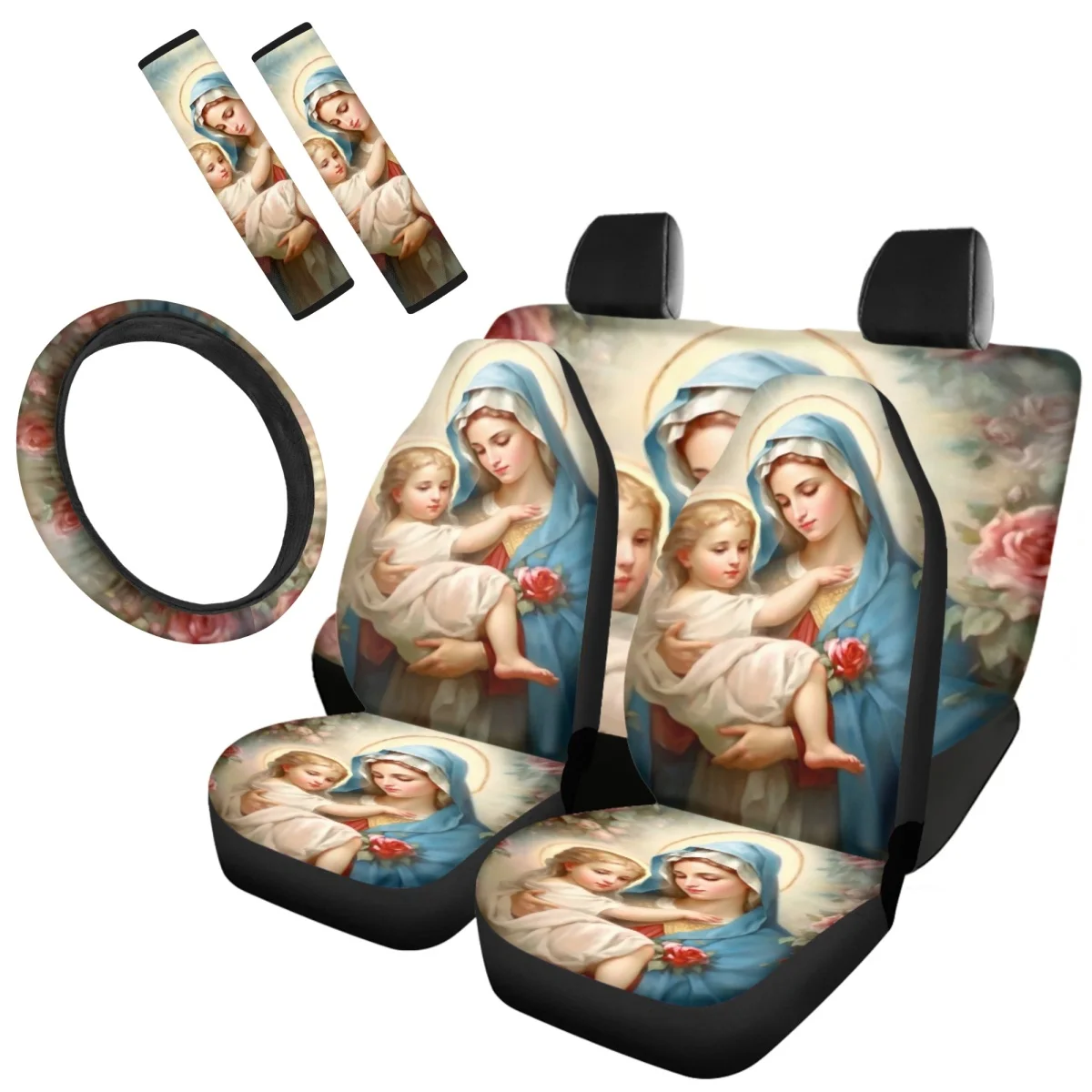 

Car Seat Cover Virgin Mary Huging Baby Printed Full Set Washable Steering Wheel Protector Soft Auto Seatbelt Covers Dropshipping