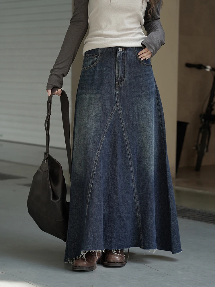 FANAN Spliced Design Washed Denim Skirts For Women High Waist A-line Mid-length Temperament Streetwear Skirt 2025 Autumn New