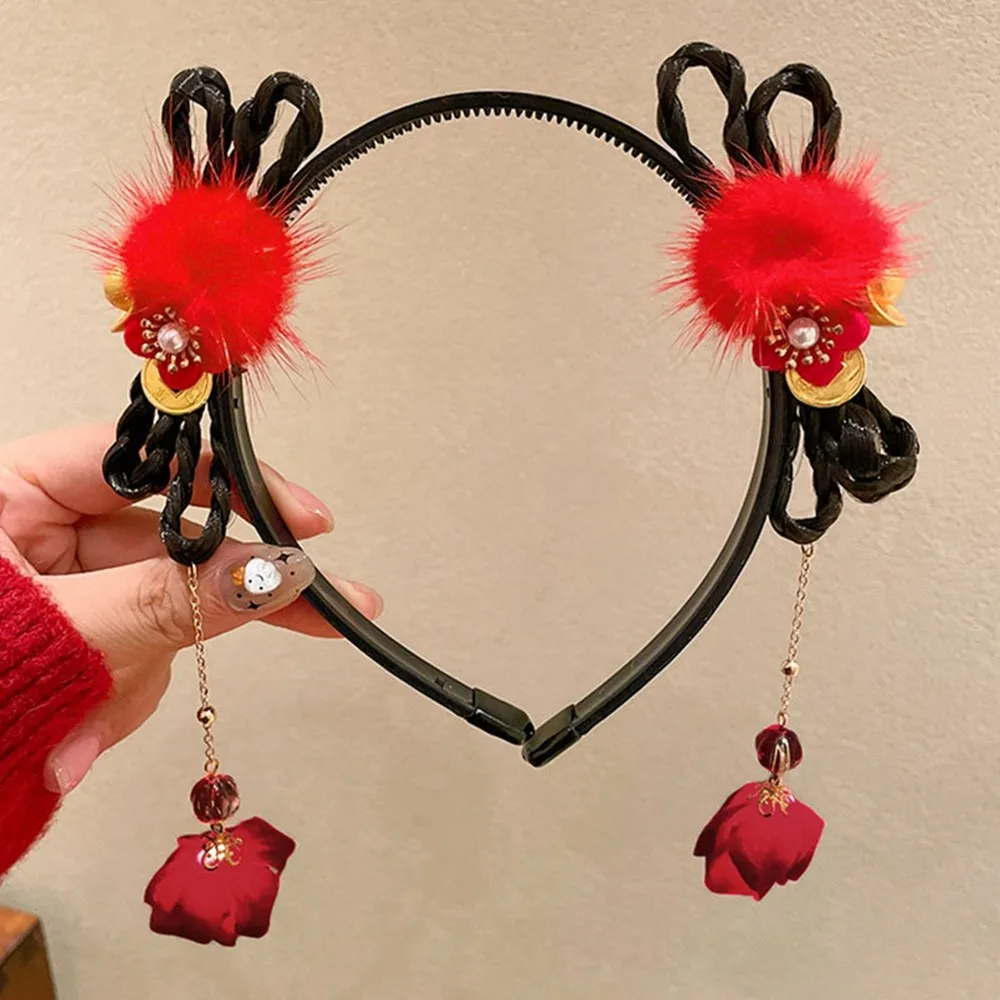 

All-match Flower Children Wig Headband Braid Hair Tassel Hanfu Hair Sticks Plush Ancient Style Red Bow Hairband Baby