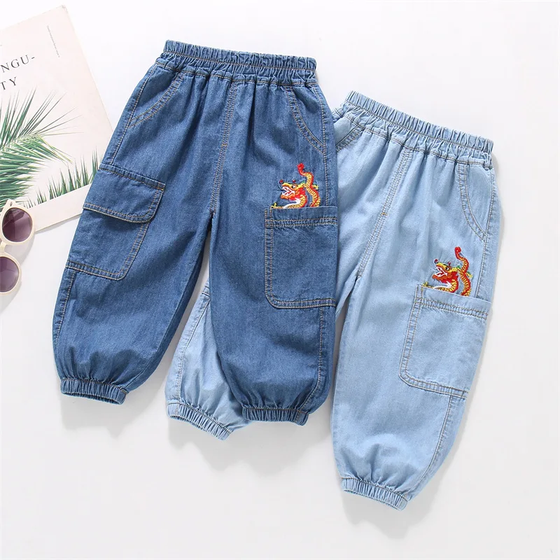

Autumn Baby Boys Denim Pants Dragon Embroidery Solid Color 1-8Y Boys Trousers Fashion Elastic Waist Kids Baby Boys Cargo Pants