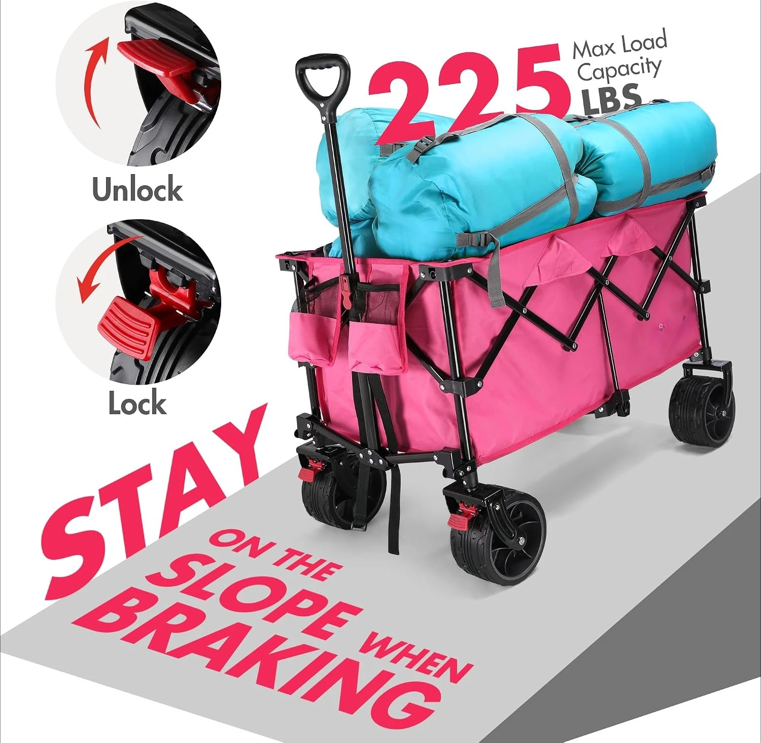 Pink Heavy-Duty Collapsible All-Terrain Utility Wagon, Enlarged 225 lb Load Capacity, Foldable Garden Cart with Large Wheels, Built-In 2 Cup Holders & Parking Brake