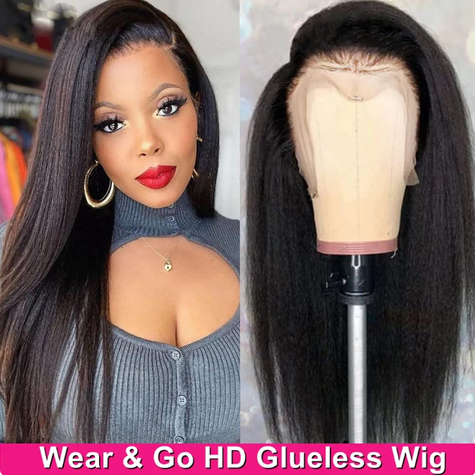 

Glueless Kinky Straight Human Hair Wigs For Women Ready To Wear Human Hair Lace Frontal Wig HD Transparent Yaki Straight Wigs