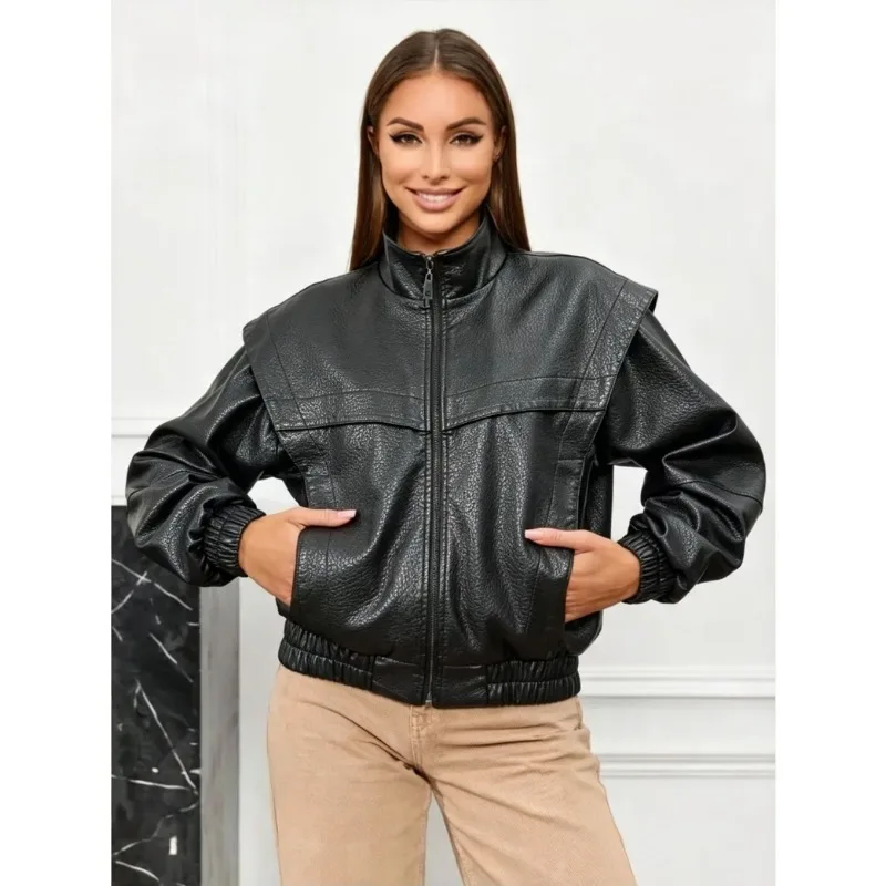 CHARMCHANT Women's Faux Leather Wide Shoulder Zip Up Cropped Bomber Jacket Stand Collar Elastic Hem Vintage Outerwear Fall 2026